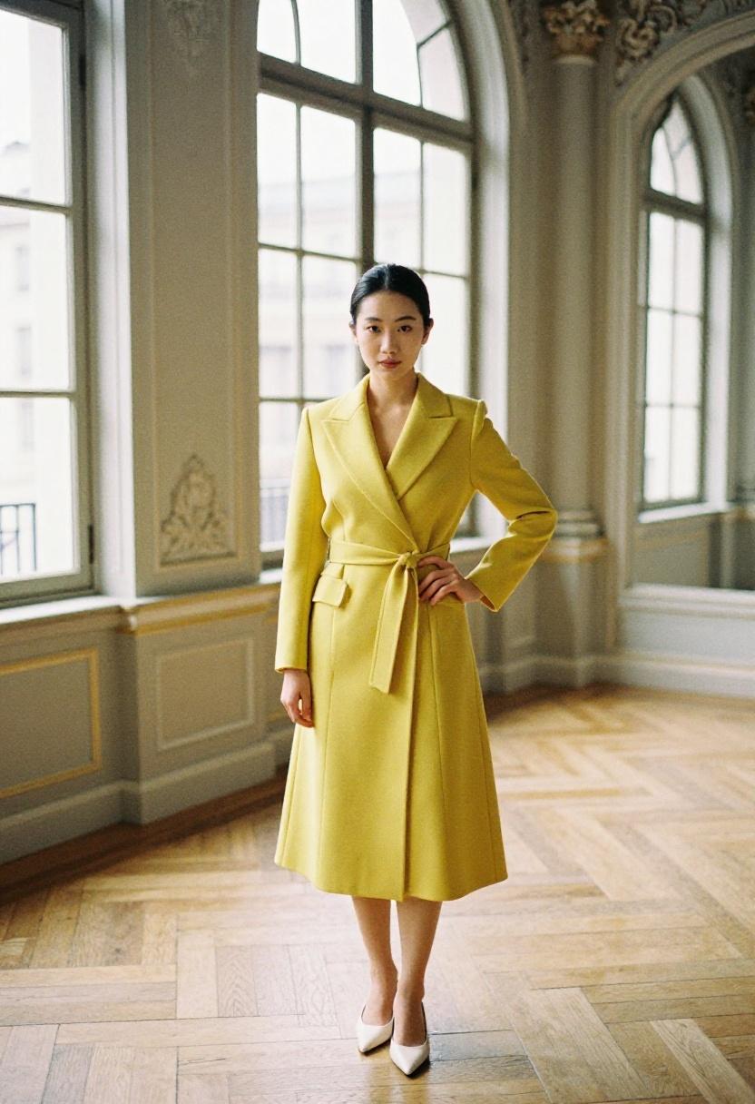 Saffron yellow tailored coat-dress with ivory flats city hall elopement grand interior