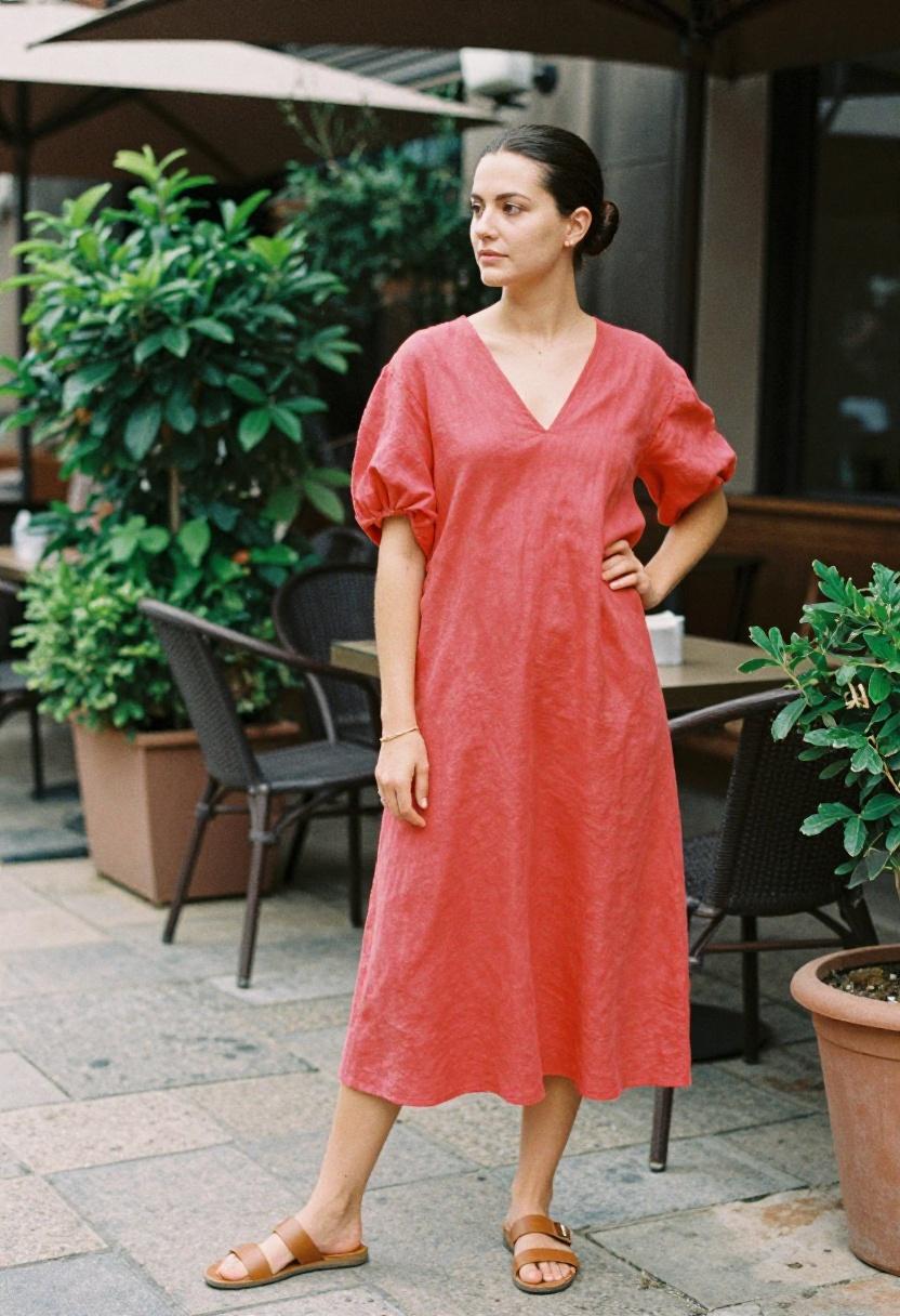 Coral red linen midi dress with puffed sleeves at a casual café patio