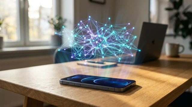 Glowing neural network hologram floating above smartphone on wooden desk, contemplative futuristic mood