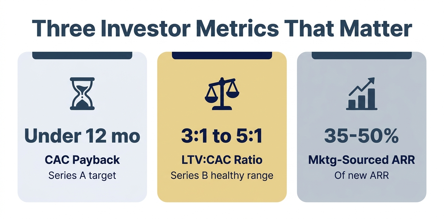 Three investor metrics stat cards: CAC payback period, LTV to CAC ratio, and marketing-sourced ARR