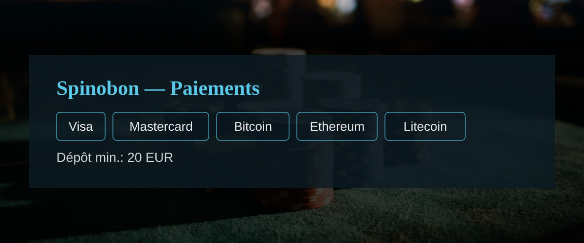 Spinobon — Paiements: Visa, Mastercard, Bitcoin, Ethereum, Litecoin Spinobon — Paiements: Visa, Mastercard, Bitcoin, Ethereum, Litecoin