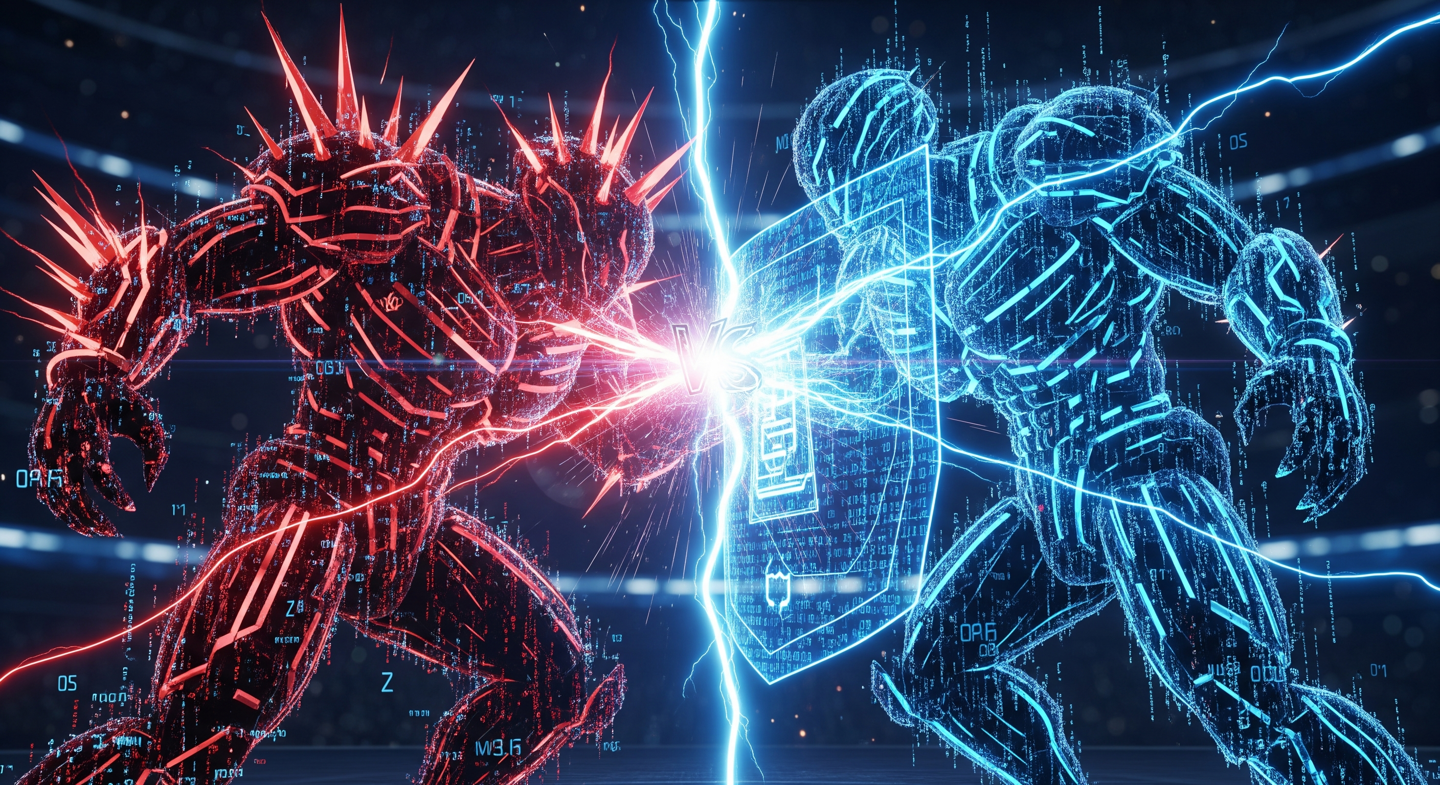 Futuristic visual of two AI entities made of code and data streams clashing in cyberspace, symbolizing offensive vs. defensive AI, electric light effects, intense energy field.