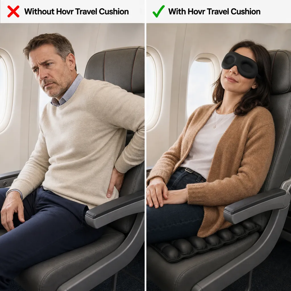Without vs With Hovr Travel Cushion comparison