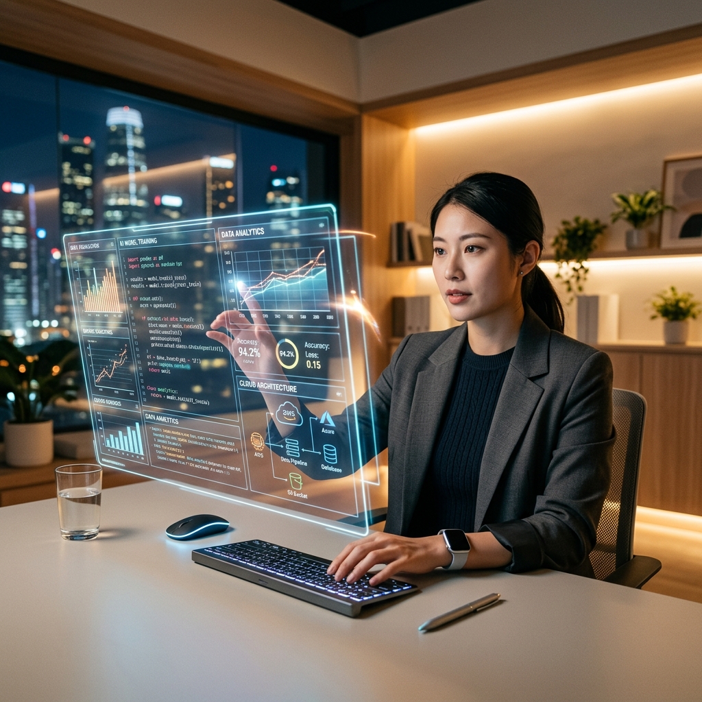 Espacio de trabajo moderno con elementos de inteligencia artificial, análisis de datos y robótica