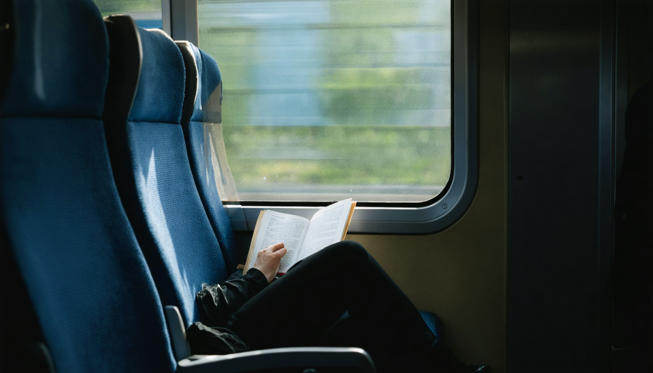 A lone commuter lost in a paperback on a quiet train, sunlight falling across worn seats, present without trying.