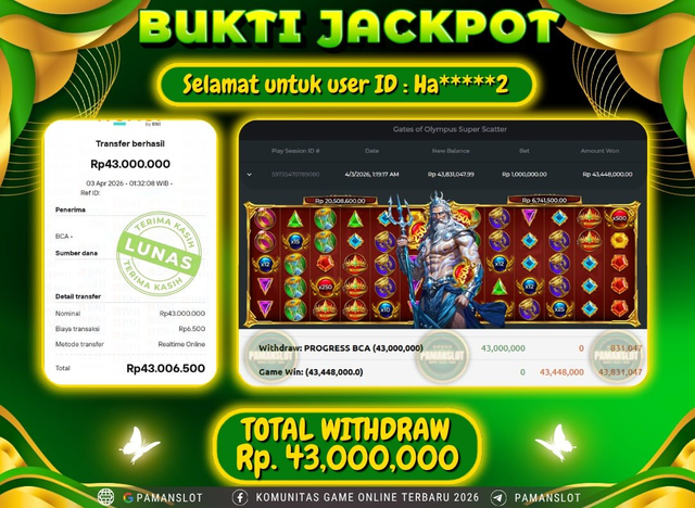 Selamat kepada Member PAMANSLOT Game - Gates Of Olympus Super Scatter : HA*****2