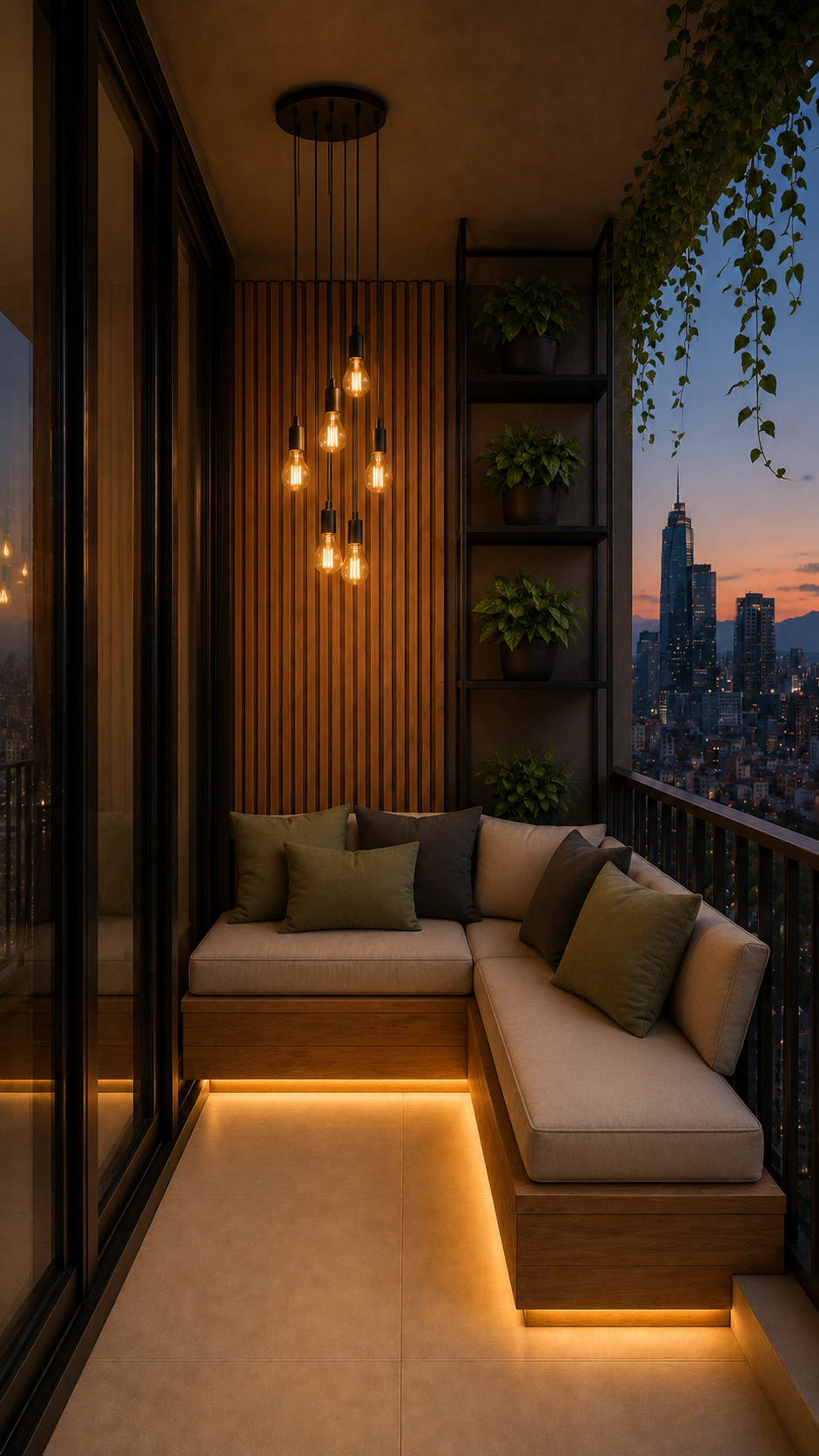 Balcón urban lounge con paneles de madera, sofá esquinero y luces Edison