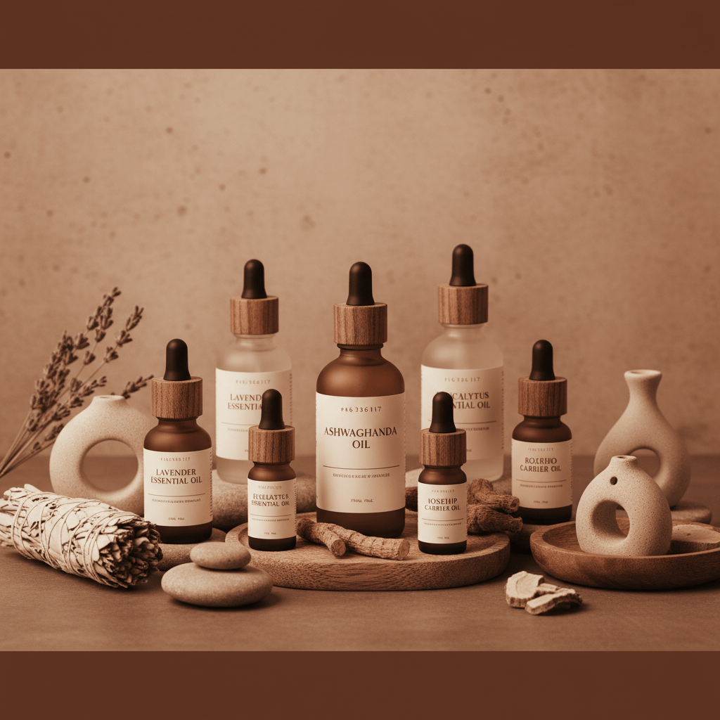 Wellness brand product display featuring ashwagandha oil, essential oils, and carrier bottles