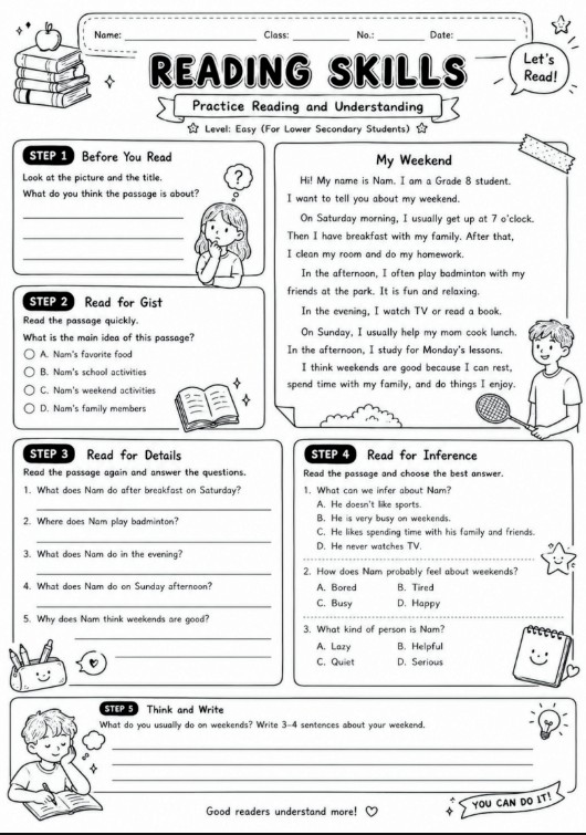 ใบงานภาษาอังกฤษ อ่านจับใจความ - ระดับง่าย