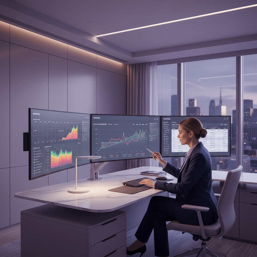 Hotel revenue manager reviewing pricing dashboards