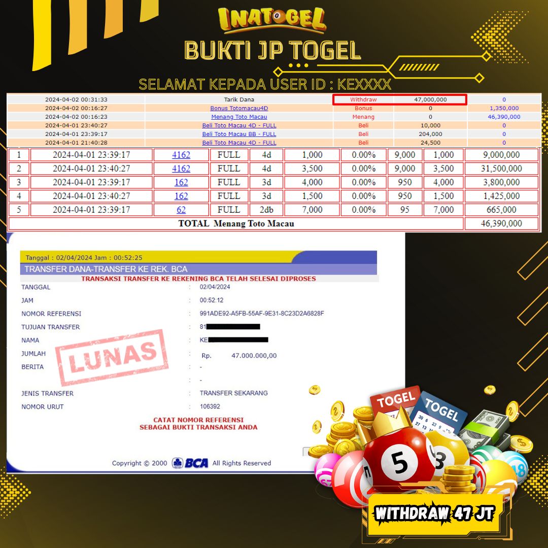 BUKTI PEMBAYARAN JP TOGEL TOTO MACAU Rp47,000,000,- LUNAS