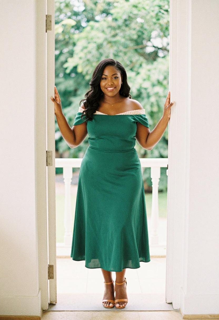 Emerald green midi skirt and off-shoulder blouse romantic gallery date look