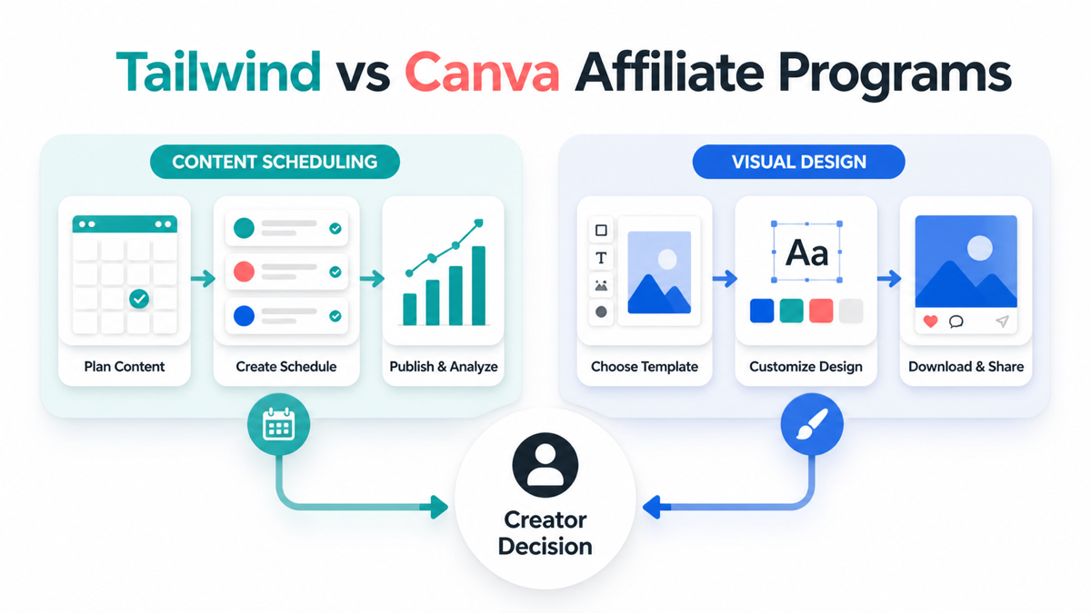 Tailwind vs Canva affiliate programs compared across scheduling and visual content workflows