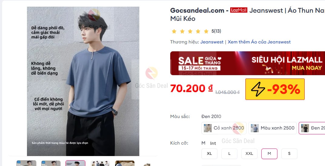 Jeanswest | Áo Thun Nam Tay Ngắn Mỏng Có Mũi Kéo