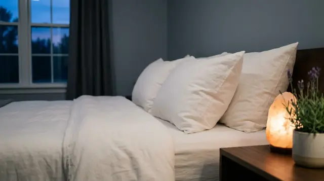 Serene minimalist bedroom with crisp white bedding and warm salt lamp glow at twilight