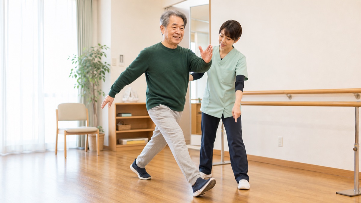 パーキンソン病のLSVT BIGで大きな一歩と腕振りを歩行へつなげる練習場面