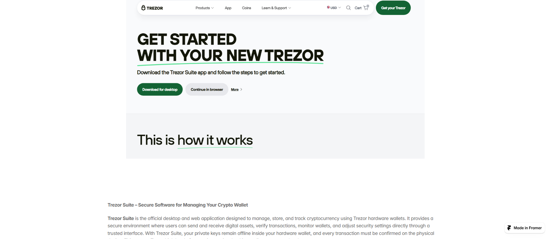 Forensic screenshot of net-trezzor-suite.framer.ai showing the phishing page layout