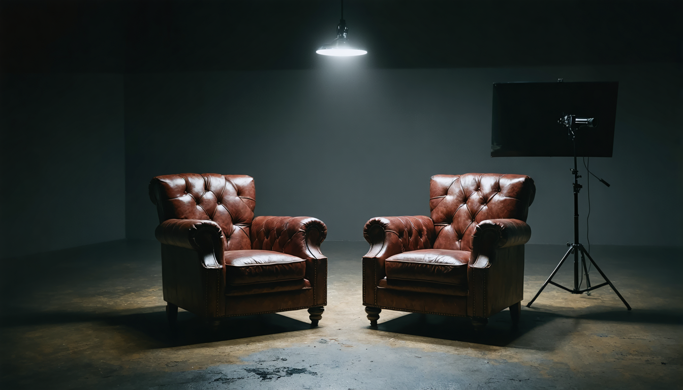 Two empty leather armchairs facing each other in a dim studio, a single overhead light between them.