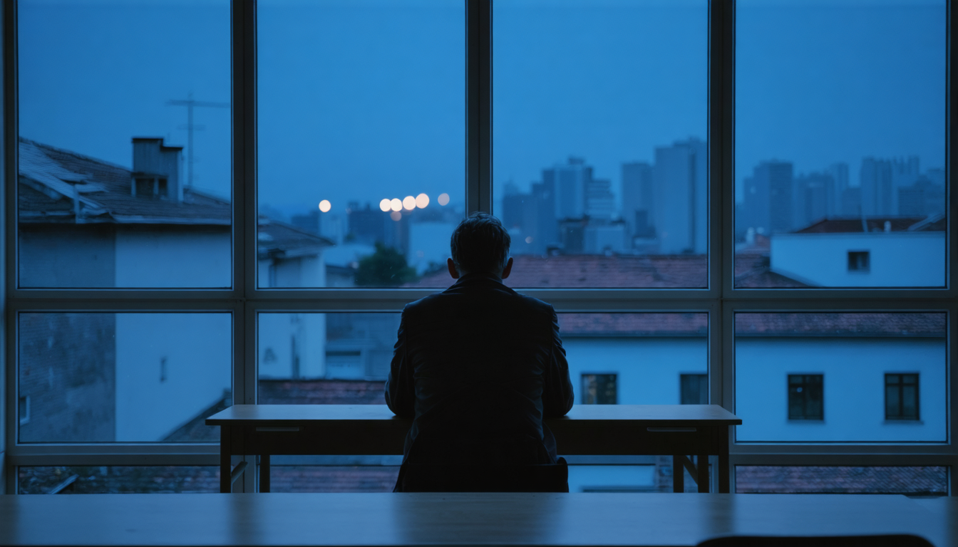 A lone figure seen from behind at a desk in low blue light, still and tense, a window ahead of them showing pre-dawn city rooftops.