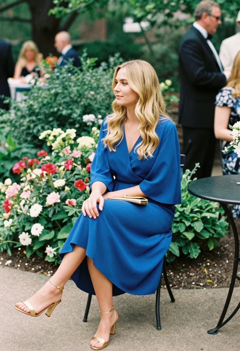 Cobalt blue midi wrap dress for an outdoor graduation garden party