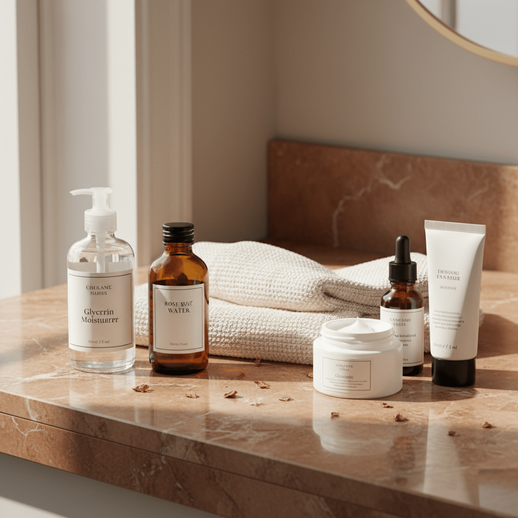 A clean bathroom counter with a simple glycerin moisturizer, rose water, and dry skin essentials