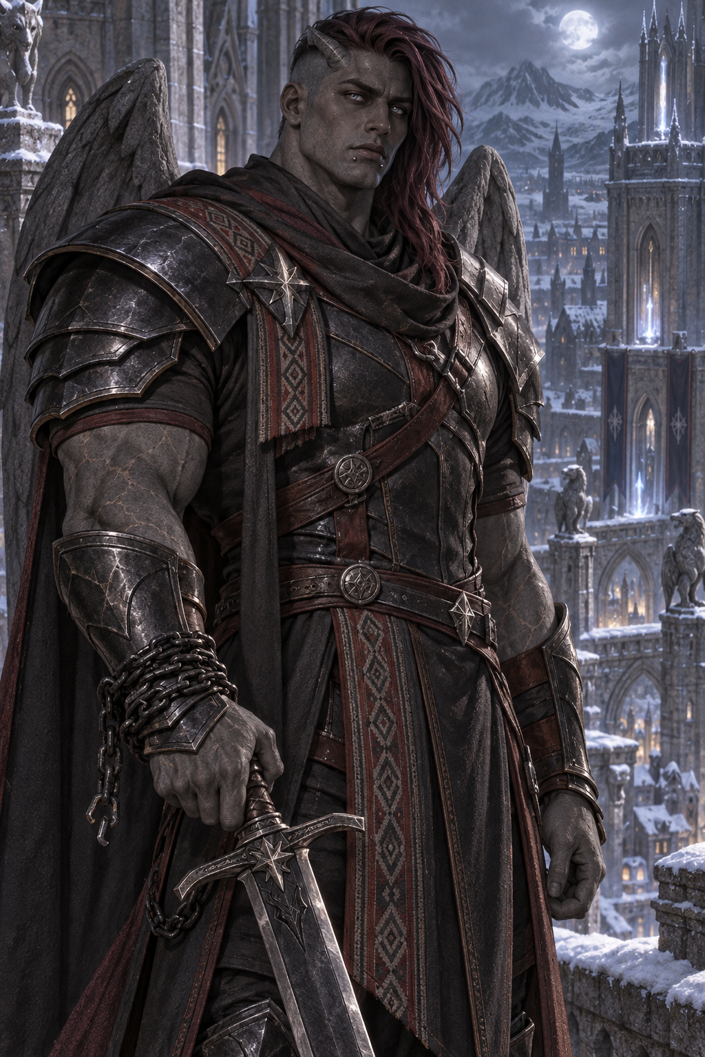 Knight Gabriel Rivero, a towering gargoyle with smoky-rosewood hair, silver eyes, stone-gray skin, compact wings, lip piercings, and a broken chain.