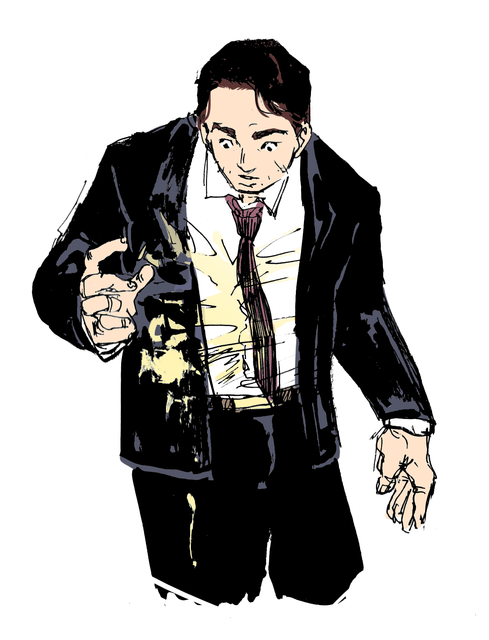 Image of Bucky with short hair wearing a black suit jacket, a white shirt and a red tie, with a large champagne stain on part of the jacket and across the shirt and tie. He's looking down at his clothes with a shocked expression.