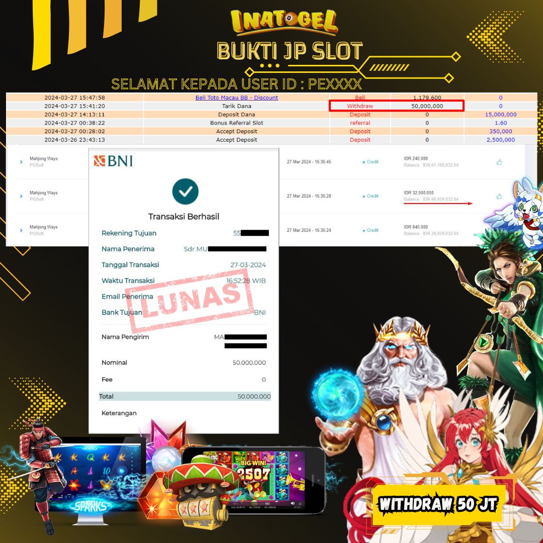 BUKTI PEMBAYARAN JP SLOT MAHJONG WAYS Rp50,000,000,- LUNAS