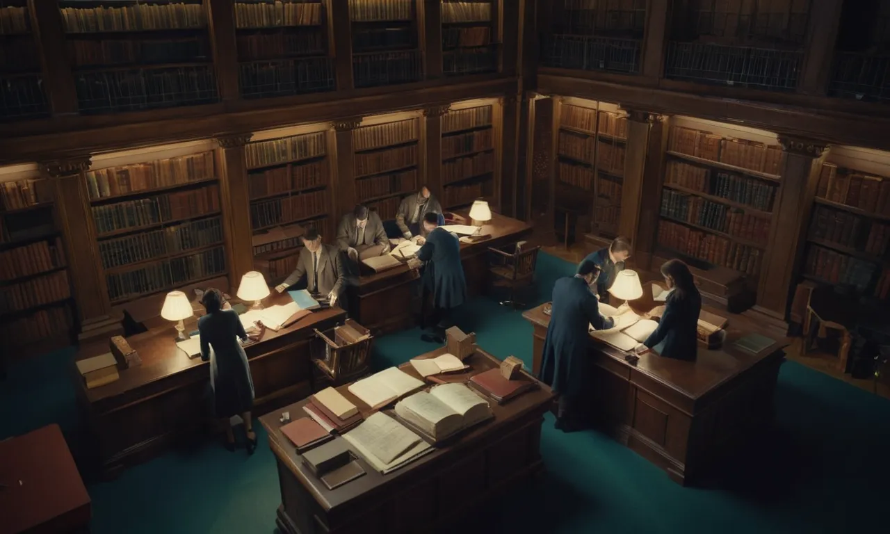 Arquitectos que estudian documentos antiguos en una biblioteca muy iluminada.
