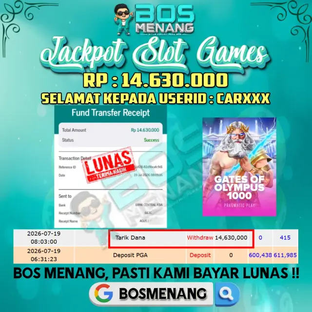 Tanggal 19 JULI 2026 - JACKPOT SLOT GAMES - GATES OF OLYMPUS 1000 (PRAGMATIC PLAY)  Rp 14.630.000,-