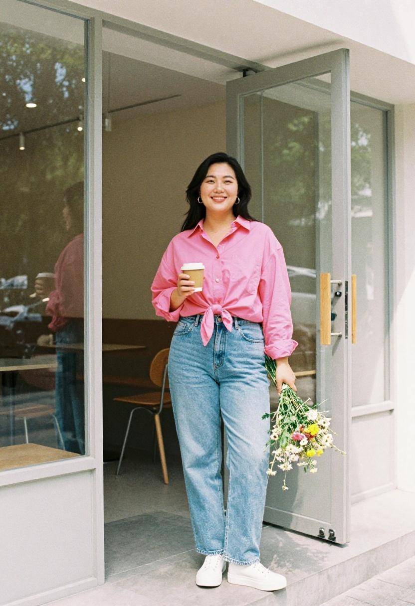 Knotted fuchsia plus size button-down with light-wash straight-leg jeans, spring café casual look