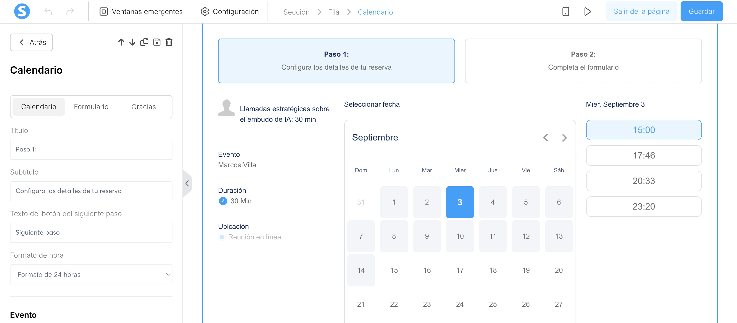 Calendario de reservas de Systeme.io para agendar visitas inmobiliarias