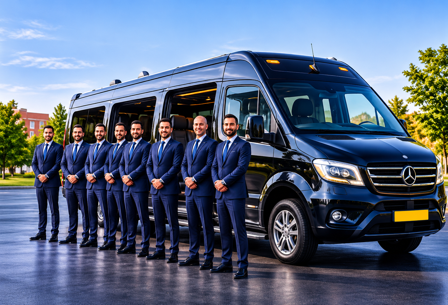 Groep reizigers bij een taxibus