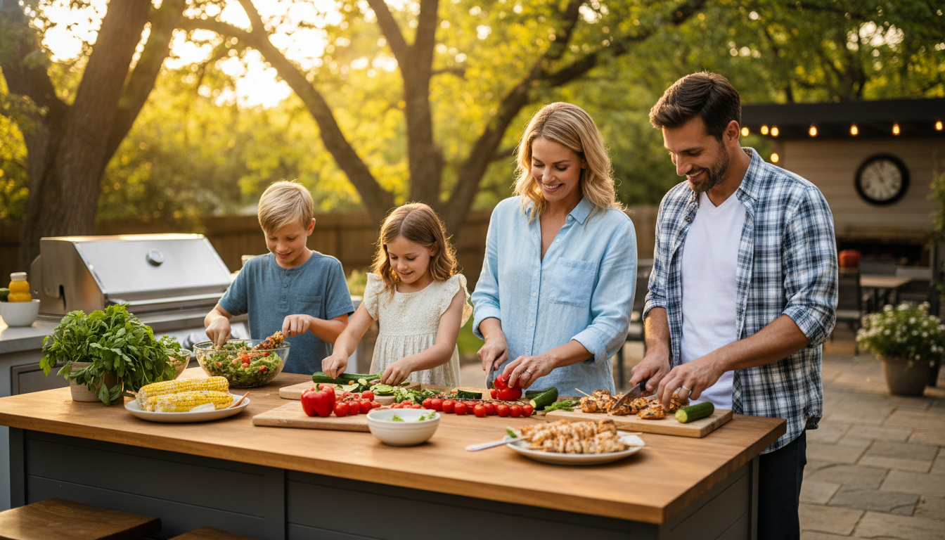 Fresh summer ingredients with cucumbers, tomatoes, corn, avocado, lettuce, herbs, lemon and grilled chicken
