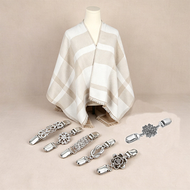 7-piece Women Reversible Plaid Poncho Shawl Set - Faux Cashmere Cape Wrap with 6 Vintage Sweater Shawl Clips, Warm Fringe Winter Layering Outfit and Decorative Cardigan Fasteners