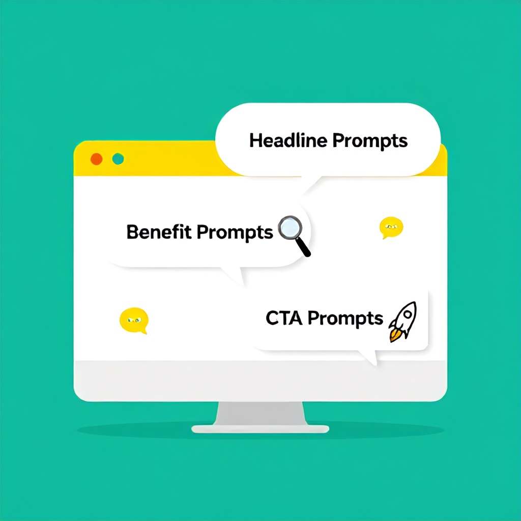 AI copywriting prompt categories displayed on a computer screen with chat bubbles