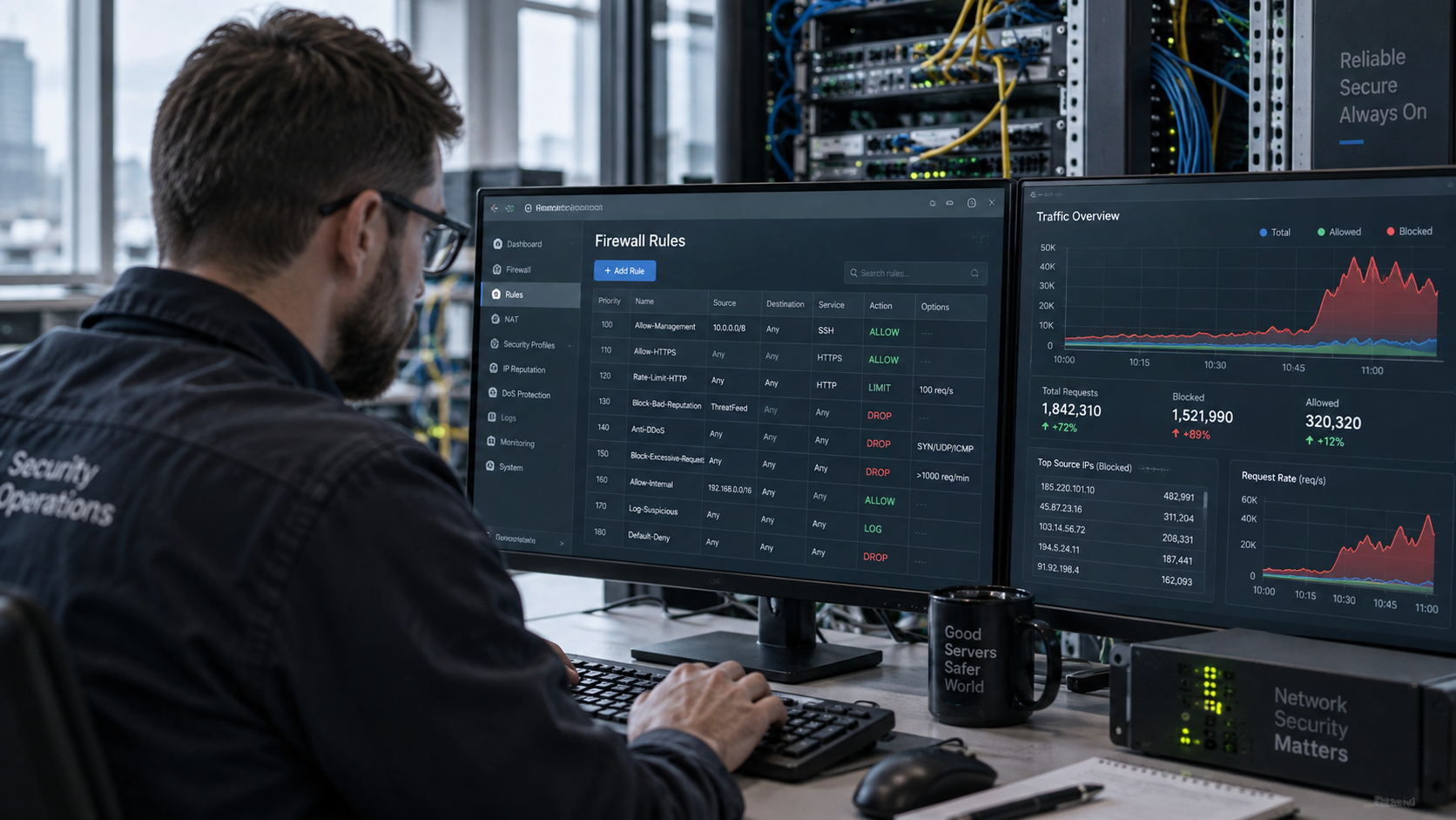 Схема трёх слоёв защиты сервера от DDoS