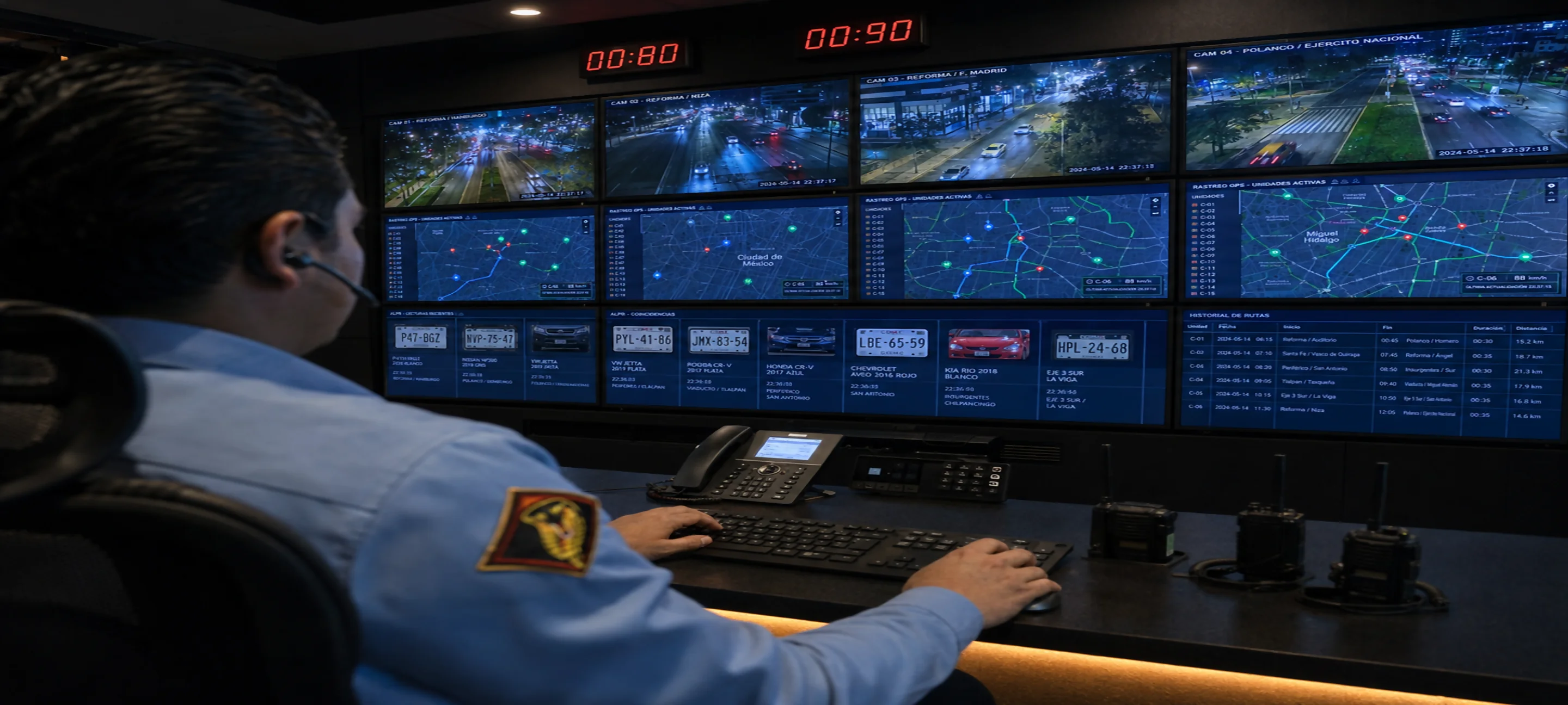 Operador AASPC supervisando cámaras y rastreo GPS en centro de monitoreo nocturno