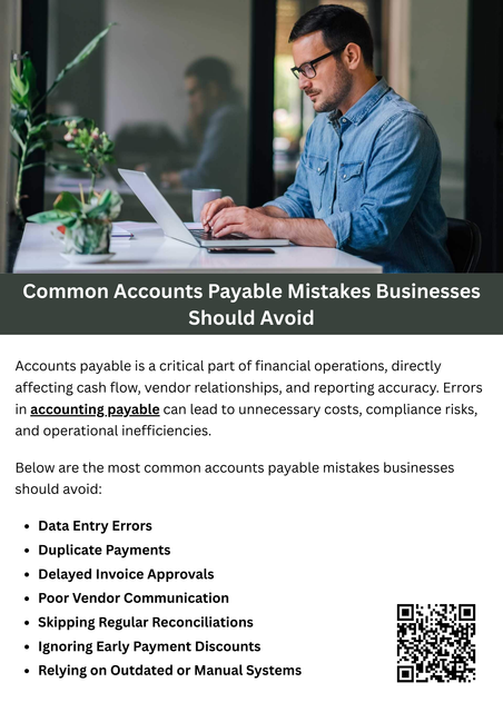 Avoiding these common accounts payable mistakes helps businesses maintain accurate records, healthy cash flow, and strong supplier relationships. By improving tracking, approvals, controls, and reconciliation practices, companies can strengthen their accounting payable processes and support long-term financial stability. To know more visit here https://www.straighttalkcpas.com/accounts-payable-services