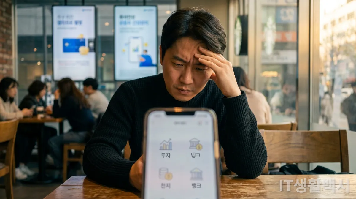 30대 한국인이 스마트폰을 들고 걱정스러운 표정으로 금융 앱 아이콘을 바라보는 모습, 조심스러운 분위기