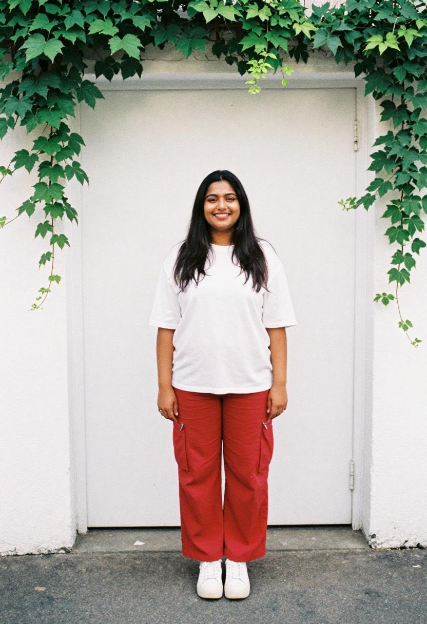 Cherry red cargo pants with half-tucked white shirt suburban home utility outfit