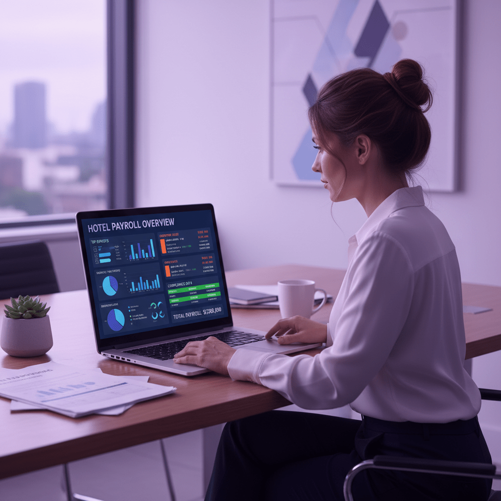 Payroll manager reviewing hotel payroll dashboard with tip reports and compliance alerts