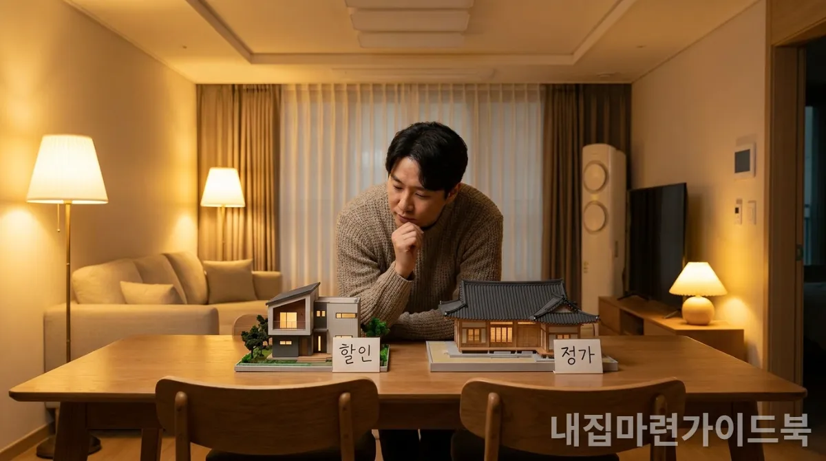 30대 한국인이 테이블 위에서 '감면'과 '일반 가격' 표지가 붙은 두 가지 주택 모형을 비교하는 모습, 따뜻한 실내 조명 배경.
