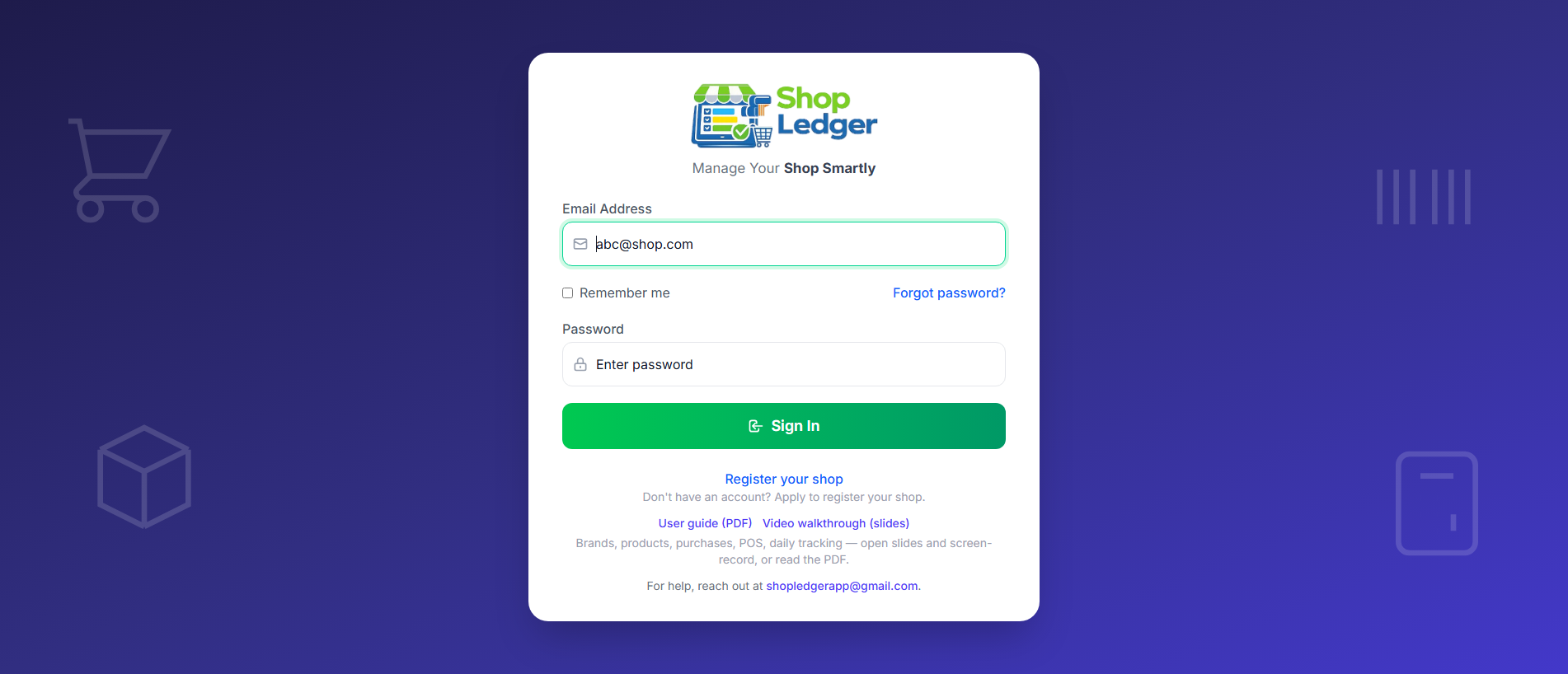 Screenshot of app.shopledgerapp.com