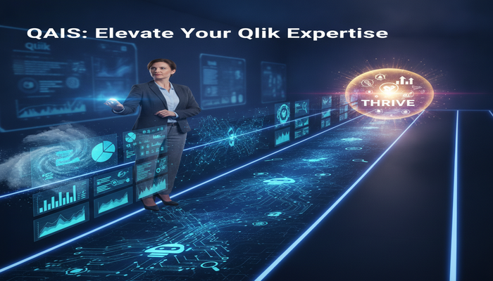 QAIS: Elevate Your Qlik Expertise A professional interacts with a glowing digital roadmap showing Qlik data evolving into AI-powered insights, highlighting the QAIS Qlik AI Specialist certification pathway and career advancement.