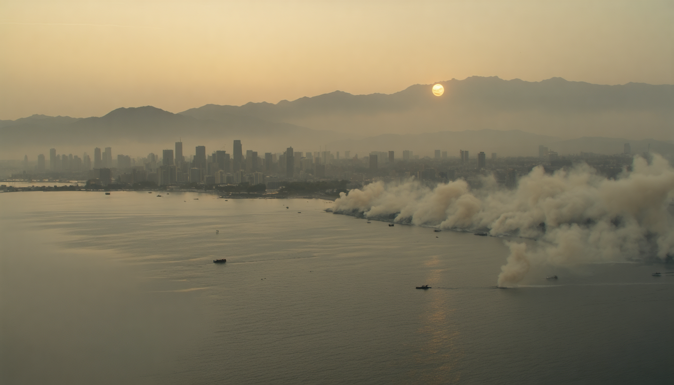 Hazy orange sky over a city skyline with mountains barely visible through thick wildfire smoke, the sun a dim copper disc.