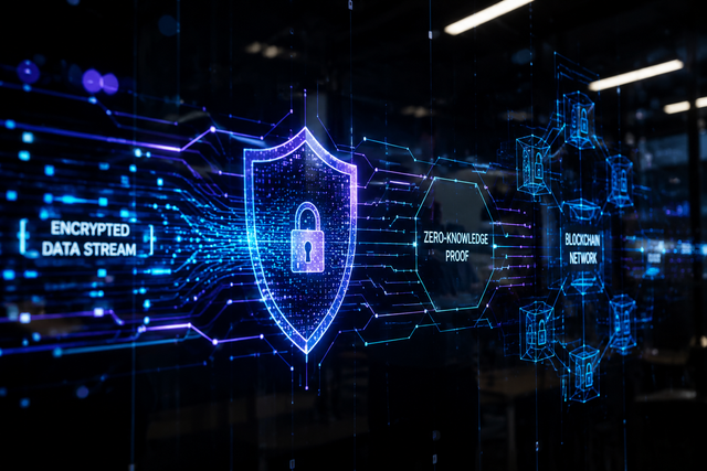 Digital privacy concept with encrypted blockchain data streams flowing through zero-knowledge proof circuits, abstract glowing cryptographic