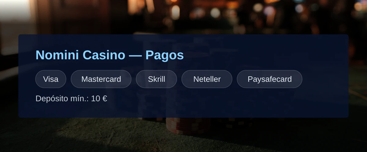 Nomini Casino — Pagos: Visa, Mastercard, Skrill, Neteller, Paysafecard