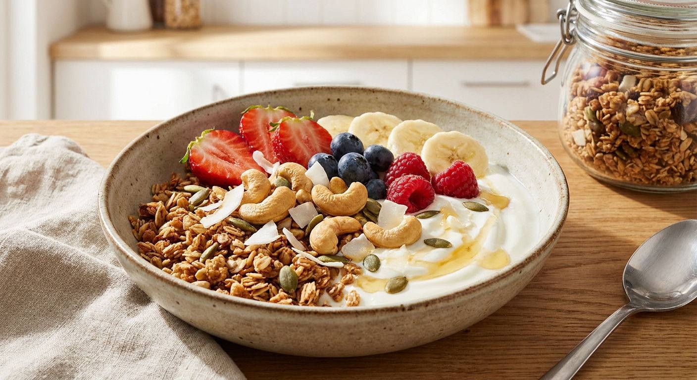 Miska sniadaniowa z granola i orzechami nerkowca.