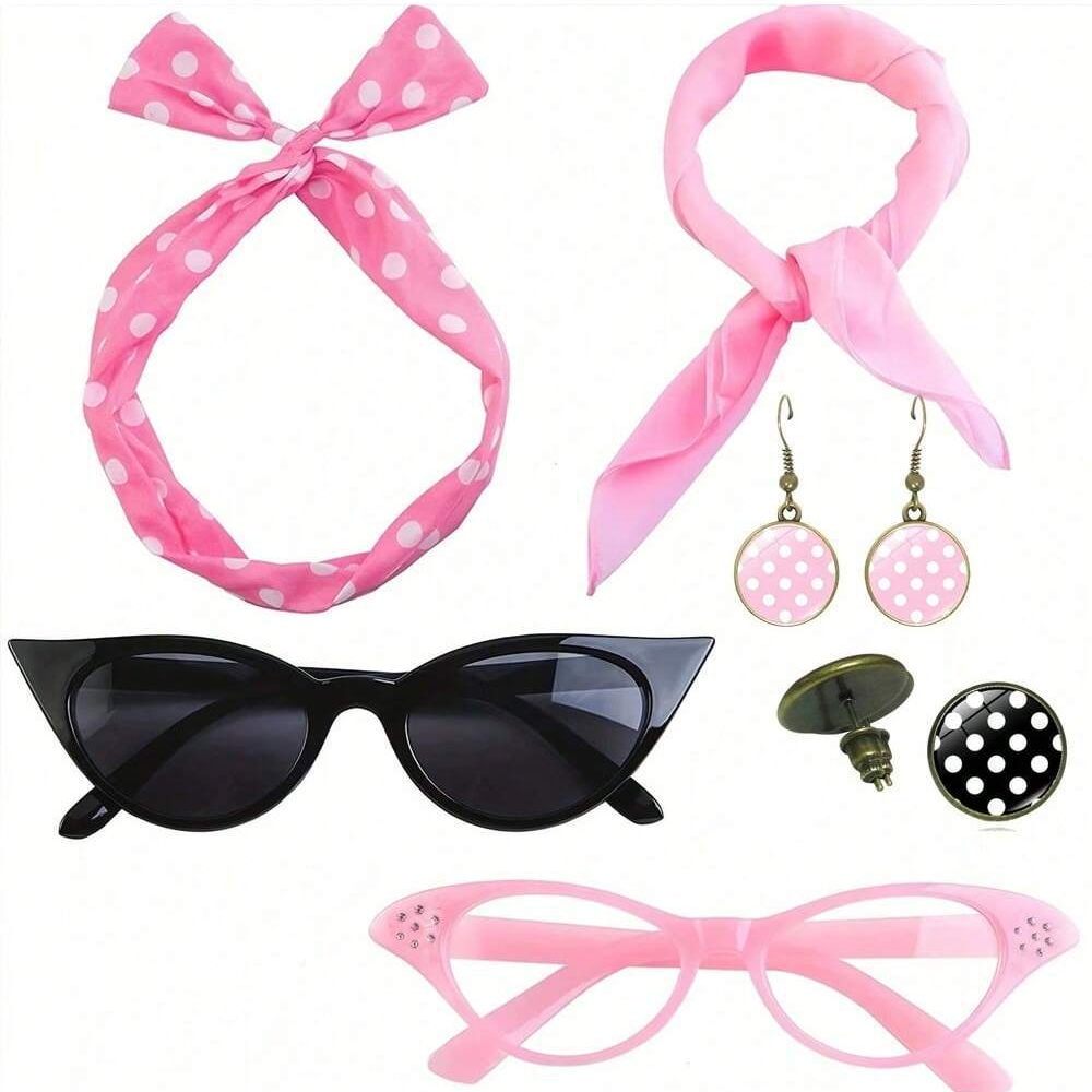 Pink 6 Piece Vintage Polka Dot Party Kit Accessories Set - 1950s Retro Costume with Cat Eye Sunglasses, Headband, Earrings, Studs and Neck Scarf for Cosplay and Themed Events